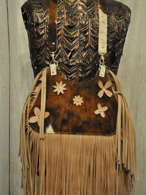 Cowhide & Leather Fringe Bag w/ Floral Details – Convertible Crossbody/Shoulder